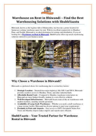 Warehouse on Rent in Bhiwandi by ShubhVaastu