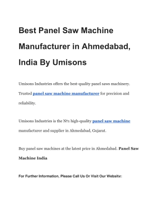 Best Panel Saw Machine Manufacturer in Ahmedabad, India By Umisons