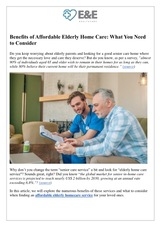 Benefits of Affordable Elderly Home Care: What You Need to Consider