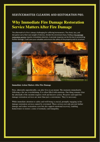 Why Immediate Fire Damage Restoration Service Matters After Fire Damage