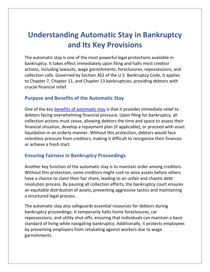 understanding automatic stay in bankruptcy