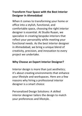 Transform Your Space with the Best Interior Designer in Ahmedabad