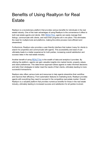 Benefits of Using Realtyon for Real Estate