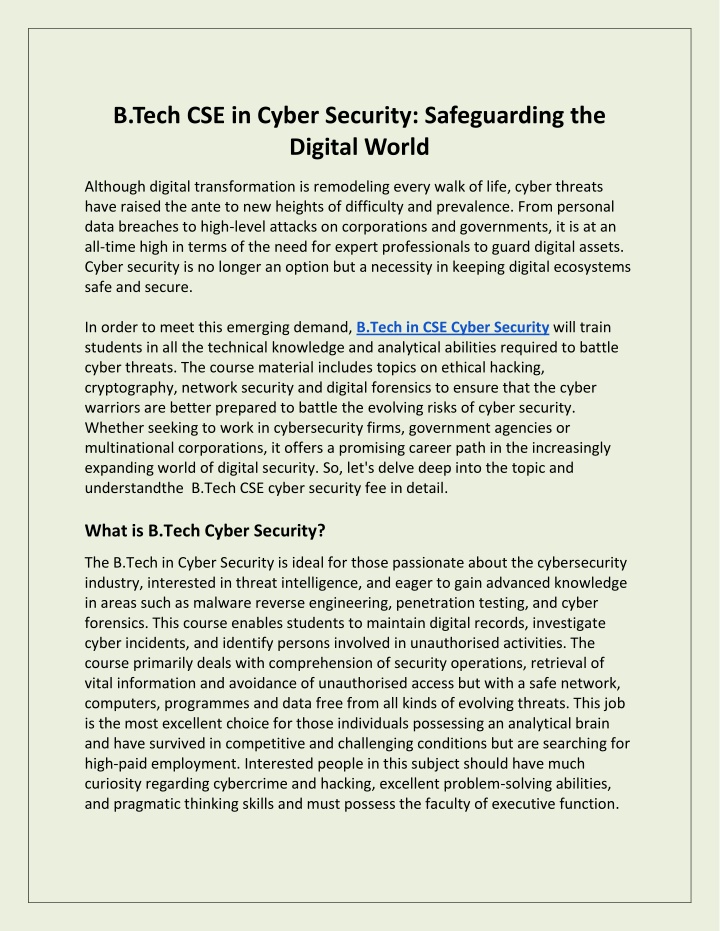 b tech cse in cyber security safeguarding