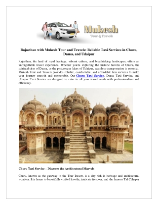 Rajasthan with Mukesh Tour and Travels  Reliable Taxi Services in Churu, Dausa, and Udaipur