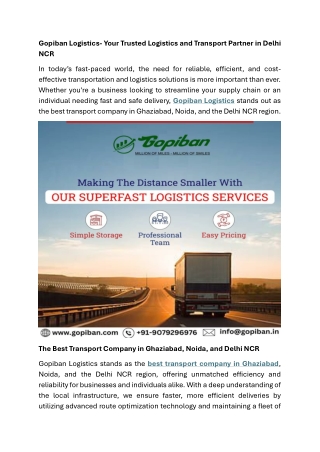 Gopiban Logistics- Your Trusted Logistics and Transport Partner in Delhi NCR