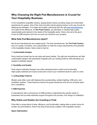 Why Choosing the Right Pod Manufacturers is Crucial for Your Hospitality Busines