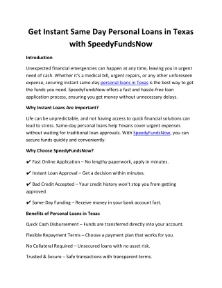 Get Instant Same Day Personal Loans in Texas with SpeedyFundsNow