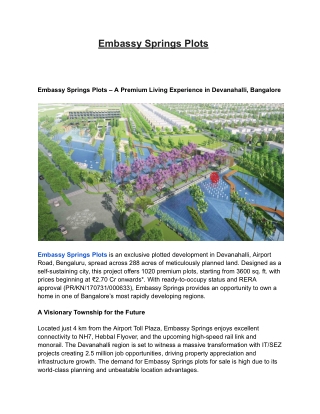 Embassy Springs Devanahalli: Plots, Flats & Apartments Near Airport Road