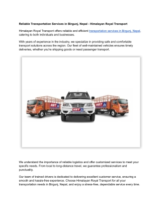 Reliable Transportation Services in Birgunj, Nepal - Himalayan Royal Transport