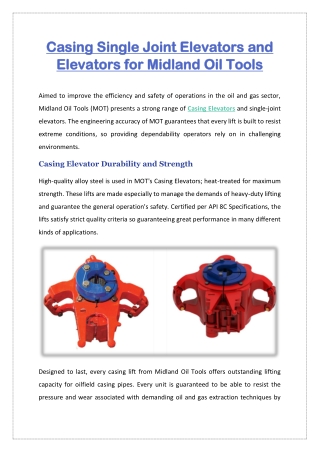Casing Single Joint Elevators and Elevators for Midland Oil Tools