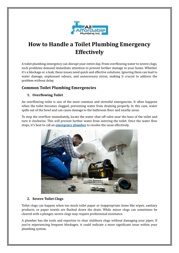 how to handle a toilet plumbing emergency