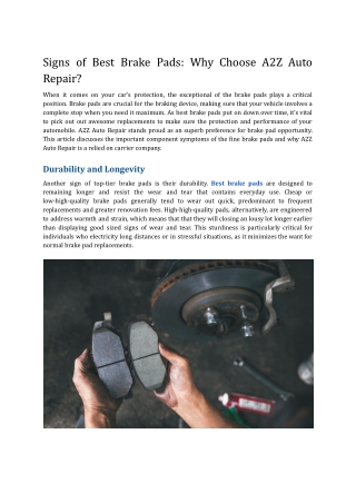 Signs of Best Brake Pads_ Why Choose A2Z Auto Repair