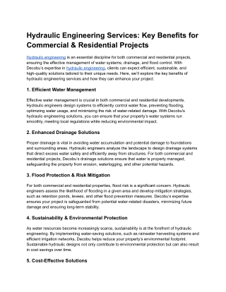 Hydraulic Engineering Services Key Benefits for Commercial & Residential Projects