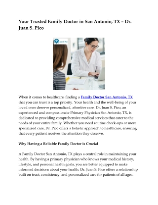 Your Trusted Family Doctor in San Antonio, TX – Dr. Juan S. Pico
