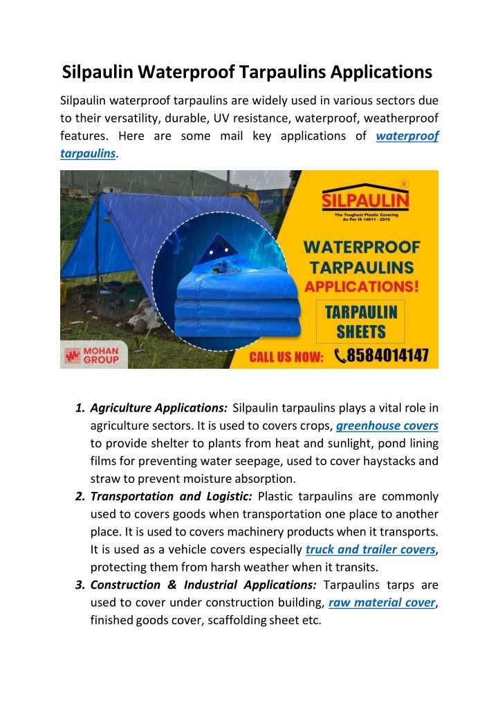 silpaulin waterproof tarpaulins applications