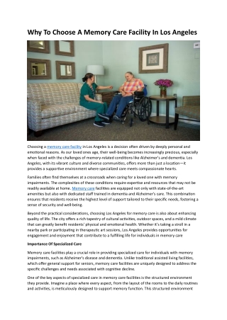Why To Choose A Memory Care Facility In Los Angeles