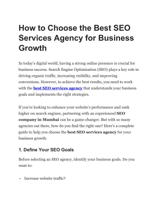 How to Choose the Best SEO Services Agency for Business Growth