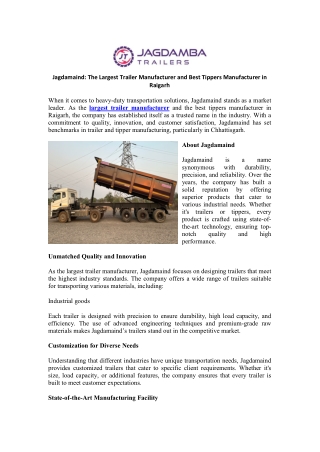 Jagdamaind: The Largest Trailer Manufacturer and Best Tippers Manufacturer in Ra