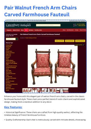 Pair Walnut French Arm Chairs Carved Farmhouse Fauteuil-