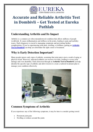 Accurate Arthritis Test in Dombivli – Early Diagnosis for Better Treatment