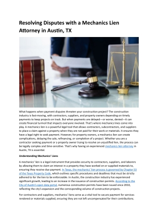 Resolving Disputes with a Mechanics Lien Attorney in Austin, TX