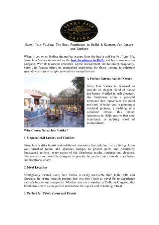 Saroj Jain Vatika: The Best Farmhouse in Delhi & Gurgaon for Luxury and Comfort