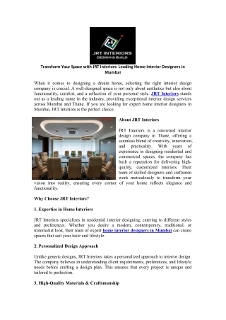 Transform Your Space with JRT Interiors: Leading Home Interior Designers in Mumb