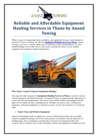 Expert Equipment Hauling Services in Thane – Fast & Secure Delivery