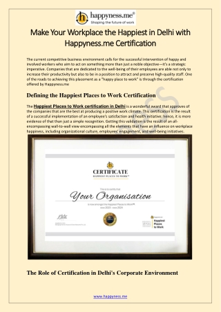 Make Your Workplace the Happiest in Delhi with Happyness.me Certification