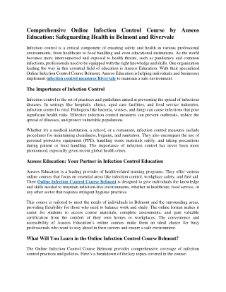 Comprehensive Online Infection Control Course by Auseos Education: Safeguarding