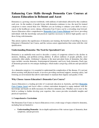 Enhancing Care Skills through Dementia Care Courses at Auseos Education in Belmont and Ascot
