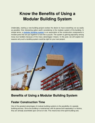 Know the Benefits of Using a Modular Building System