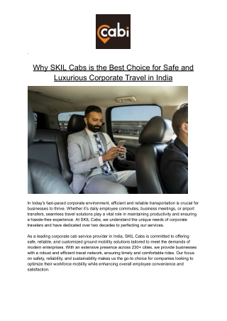 Why SKIL Cabs is the Best Choice for Safe and Affordable Travel in India