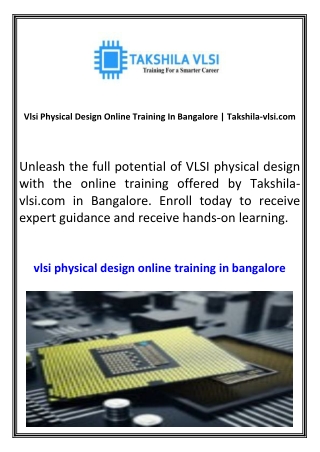Vlsi Physical Design Online Training In Bangalore  Takshila-vlsi.com