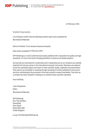 Reviewer Confirmation Certificate from IOP Publishing February 2025