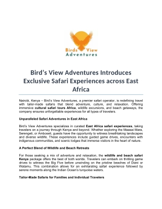 Bird’s View Adventures Introduces Exclusive Safari Experiences across East Africa