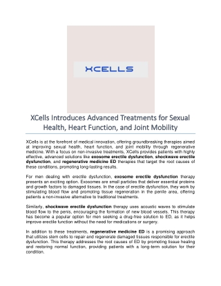 XCells Introduces Advanced Treatments for Sexual Health, Heart Function, and Joint Mobility