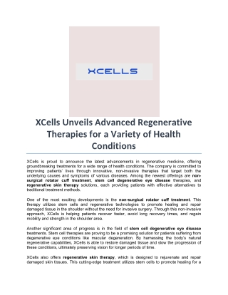 XCells Unveils Advanced Regenerative Therapies for a Variety of Health Conditions