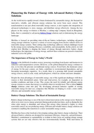 Pioneering the Future of Energy with Advanced Battery Charge Solutions