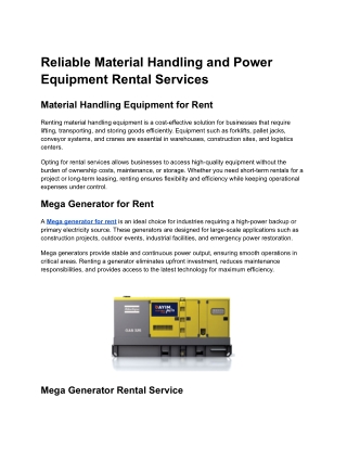 Reliable Material Handling and Power Equipment Rental Services