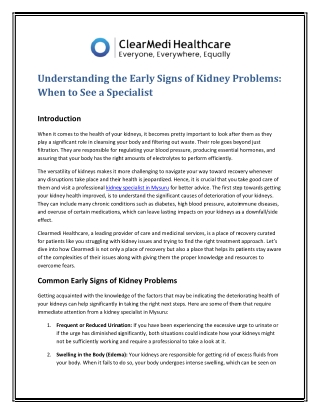 Understanding the Early Signs of Kidney Problems When to See a Specialist