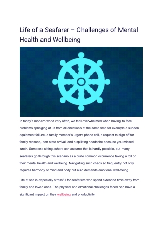 Life of a Seafarer – Challenges of Mental Health and Wellbeing