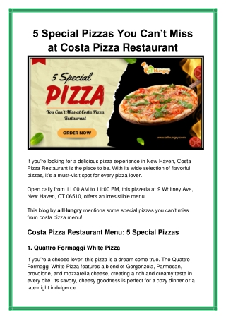 5 Special Pizzas You Can’t Miss at Costa Pizza Restaurant