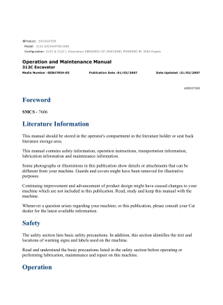 Caterpillar CAT 312C EXCAVATOR (DBN00001-UP) Operation and Maintenance Manual Instant Download