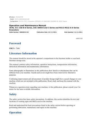 Caterpillar CAT 312C L EXCAVATOR (CBT00001-UP) Operation and Maintenance Manual Instant Download