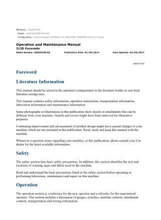 Caterpillar CAT 312D EXCAVATOR (HJX00001-UP) Operation and Maintenance Manual Instant Download
