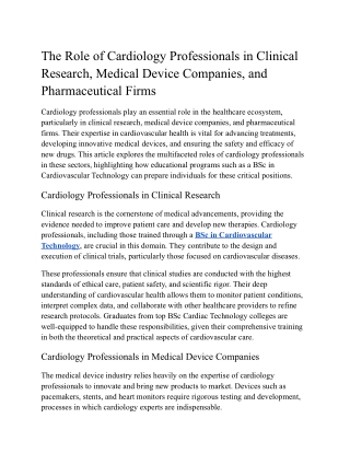 The Role of Cardiology Professionals in Clinical Research, Medical Device Companies, and Pharmaceutical Firms