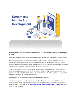 Transform Your Online Business with an Expert Ecommerce App Development Company in India