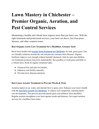 Lawn Mastery in Chichester – Premier Organic, Aeration, and Pest Control Services